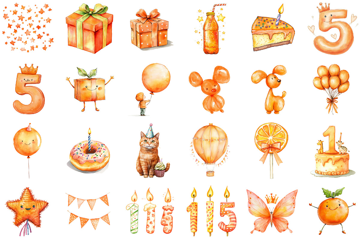 Kids Orange Birthday Watercolor Clip, an Illustration by Sublimation Artist (Photo 2 of 6)