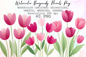 Watercolor Burgundy Florals Png, an Illustration by Sublimation Artist