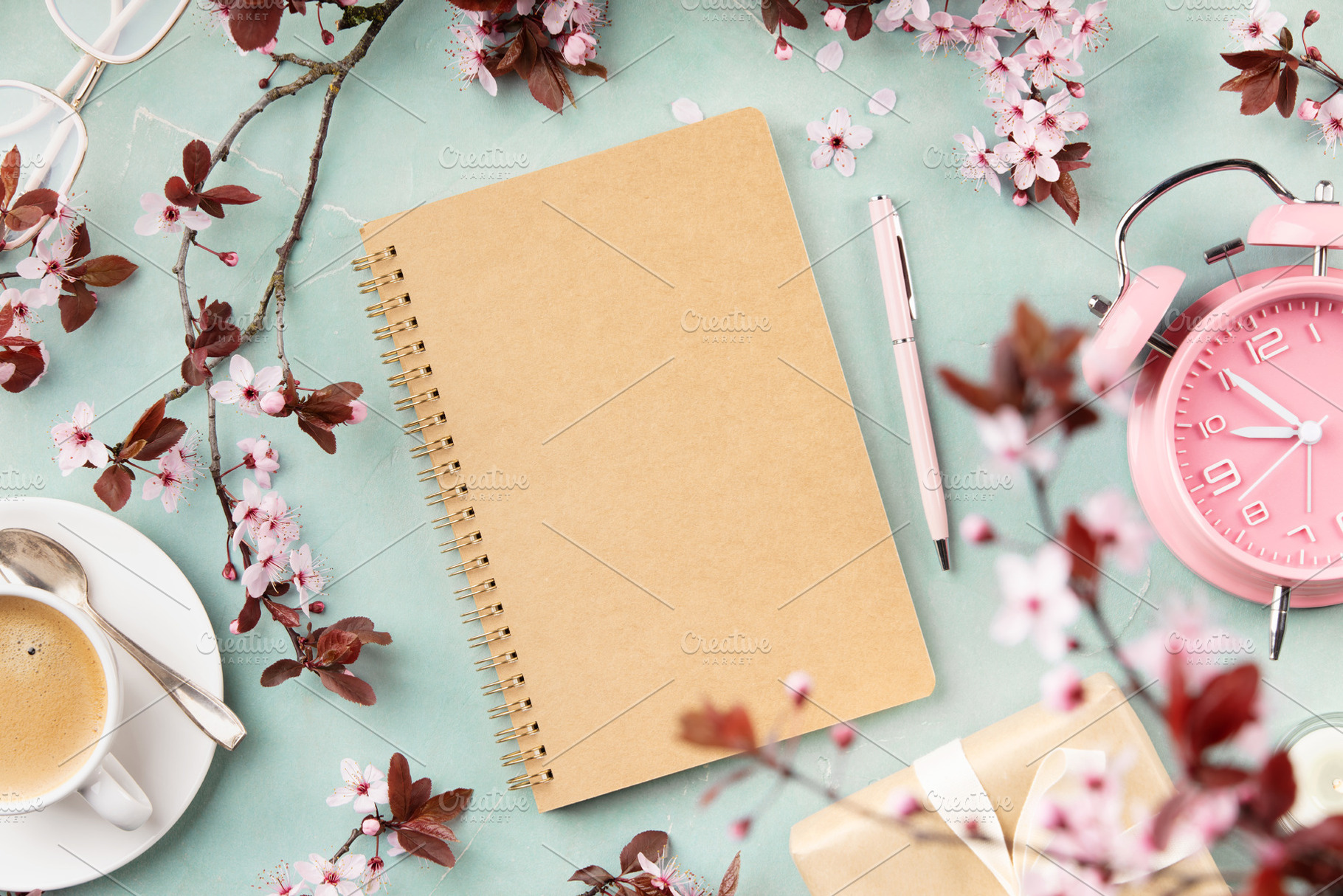 Spring Workspace Flat Lay with Notebook, Coffee and Pink Alarm C, a Food & Drink Photo by Natalia Klenova's Shop