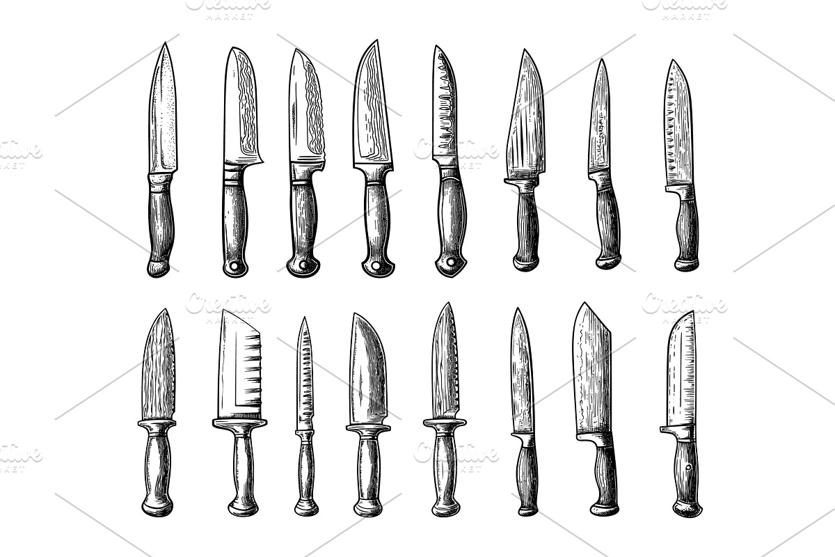 Kitchen knives engraving vector set, an Object Illustration by Onyx