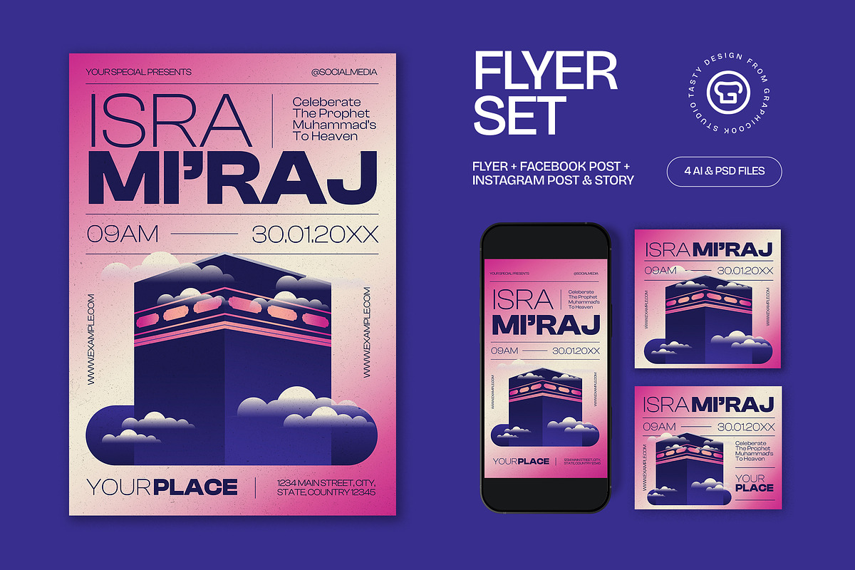 Purple Pink Isra Mi'raj Flyer Set, a Flyer Template by graphicook (Photo 2 of 6)