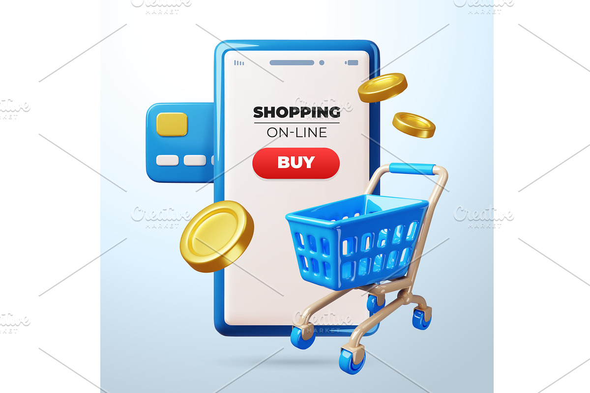 Online cartoon 3d grocery basket, a Finance Illustration by YummyBuum
