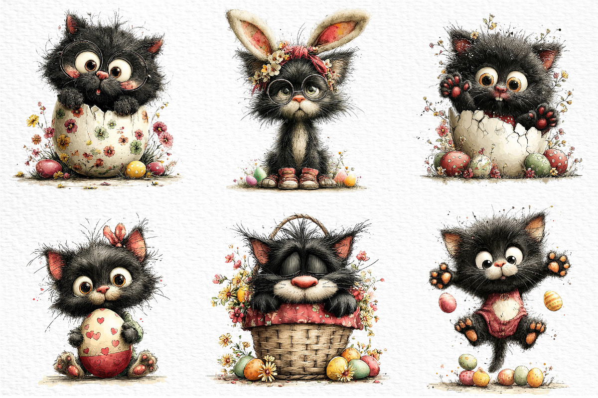 Whimsical Easter Black Cat Clipart, an Illustration by Craft Nest (Photo 3 of 11)