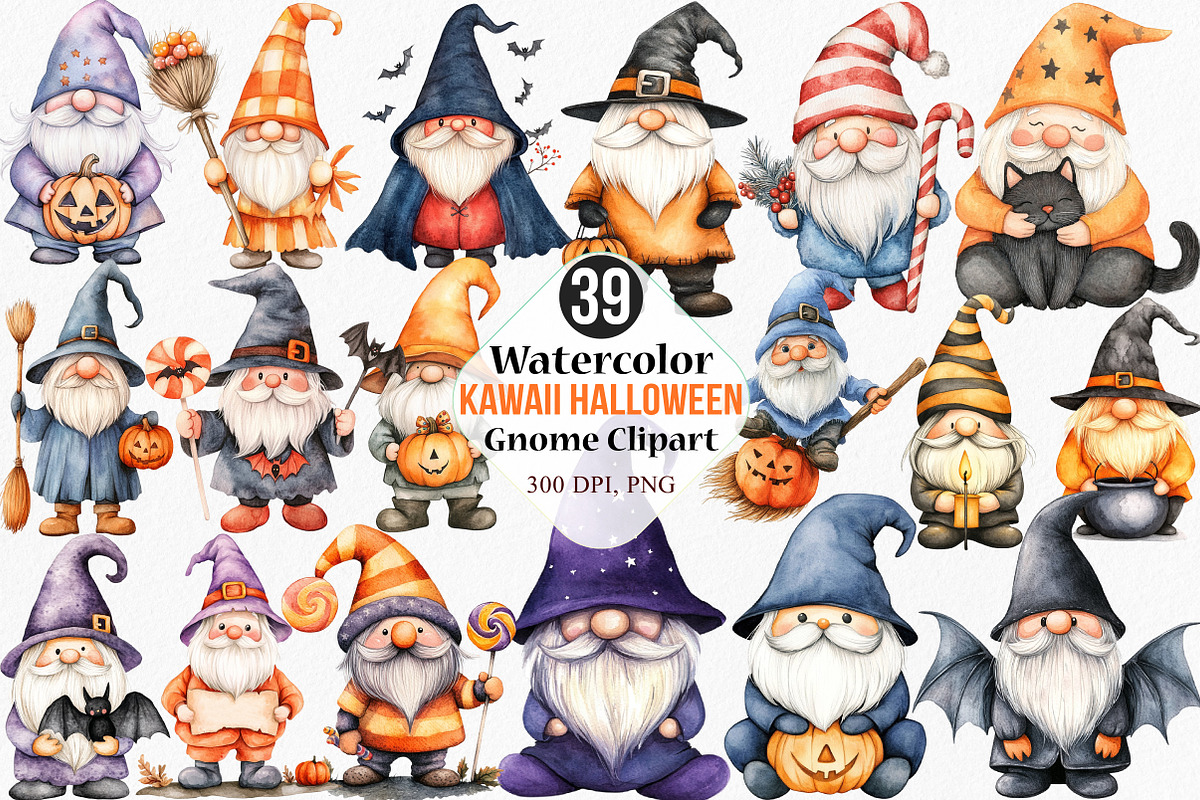 Watercolor Kawaii Halloween Gnome, an Illustration by Canvas Craft (Photo 1 of 7)