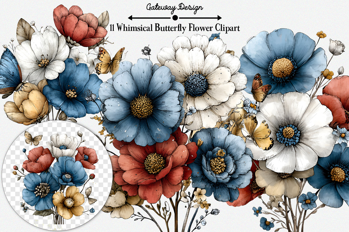 Whimsical Butterfly Flower Clipart, an Illustration by GatewayDesign (Photo 3 of 3)