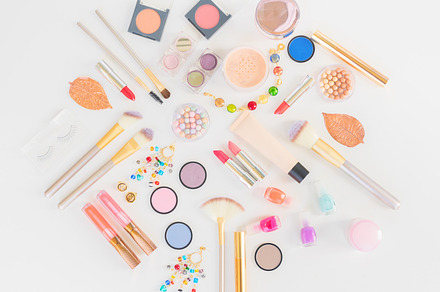 Colorful make up flat lay scene stock photo containing makeup and cosmetics, a Beauty & Fashion Photo by Neirfy