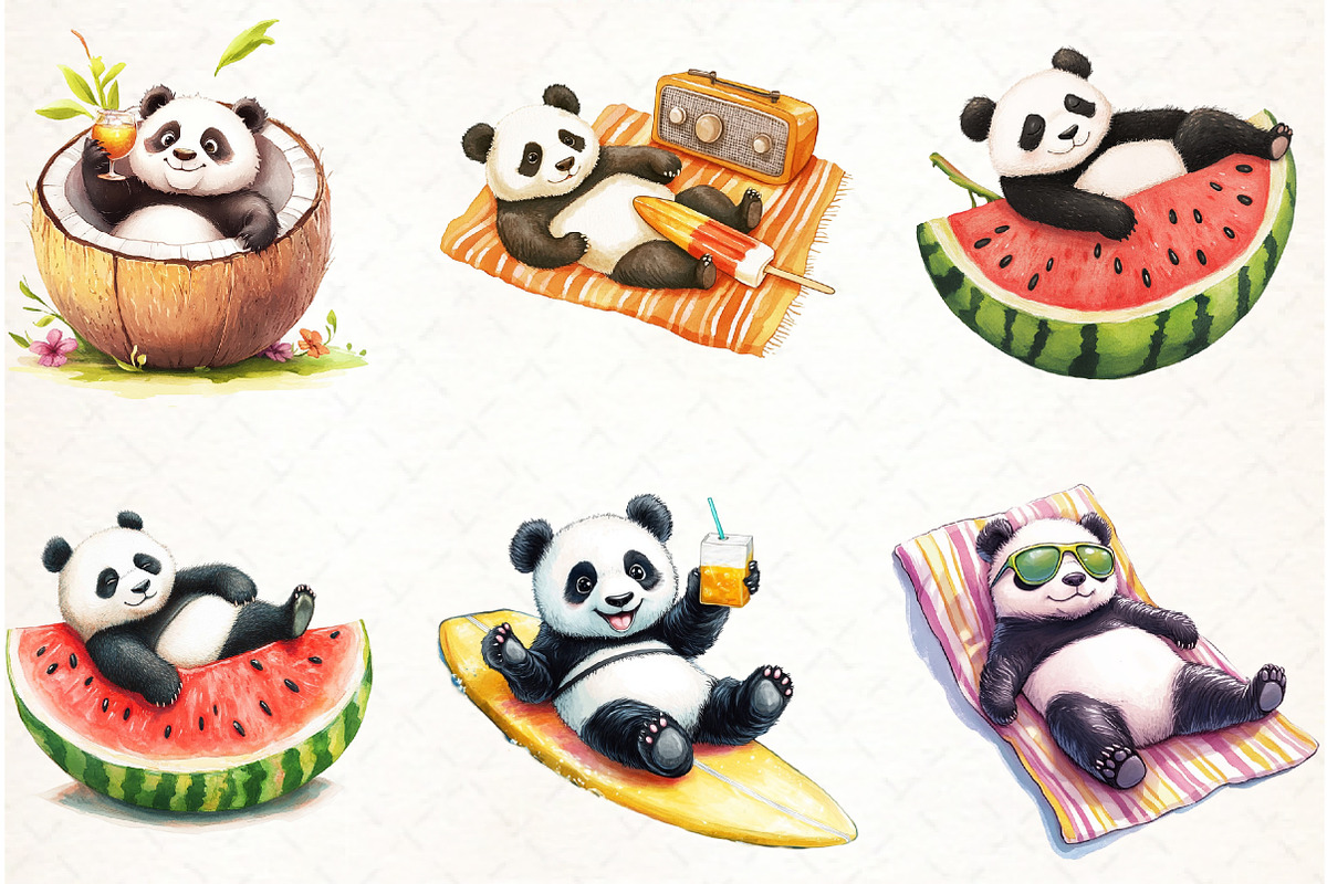 Funny Sunbathing Panda Clipart, an Illustration by Watercolor design (Photo 2 of 4)