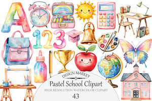 Watercolor Pastel School Clipart, an Illustration by Design Market