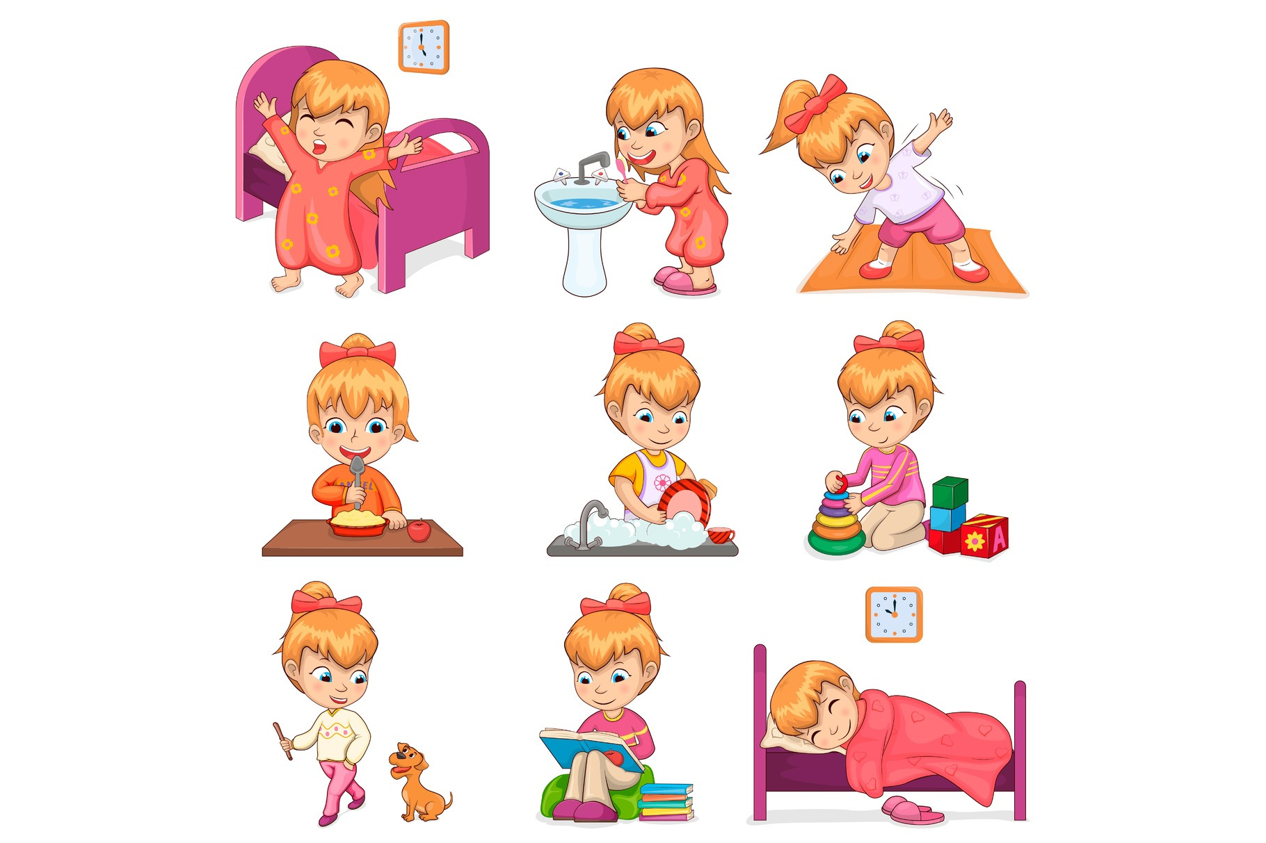 Little Girl Does Daily Routine Illustrations Set, an Animal ...