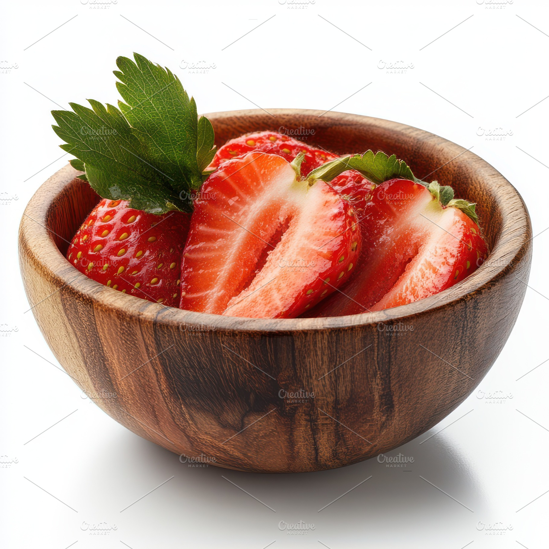 Strawberry slice in wooden bowl isol, a Food & Drink Photo by Pixeness Studio