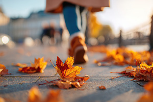 Colorful autumn leaves blanket the sidewalk as a person walks during a sunny af, a Photo by AlyaAnd