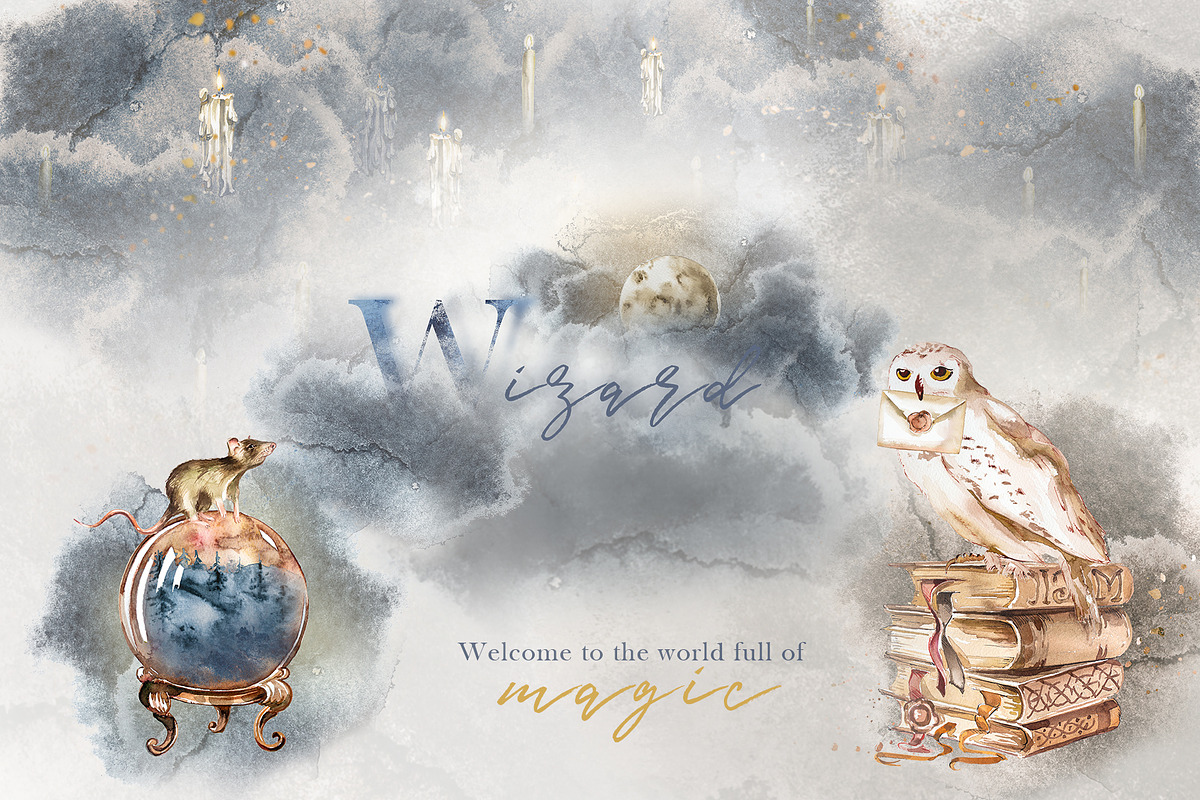 Watercolor Wizard Clipart Set, an Animal Illustration by ArtCreationsDesign (Photo 1 of 12)