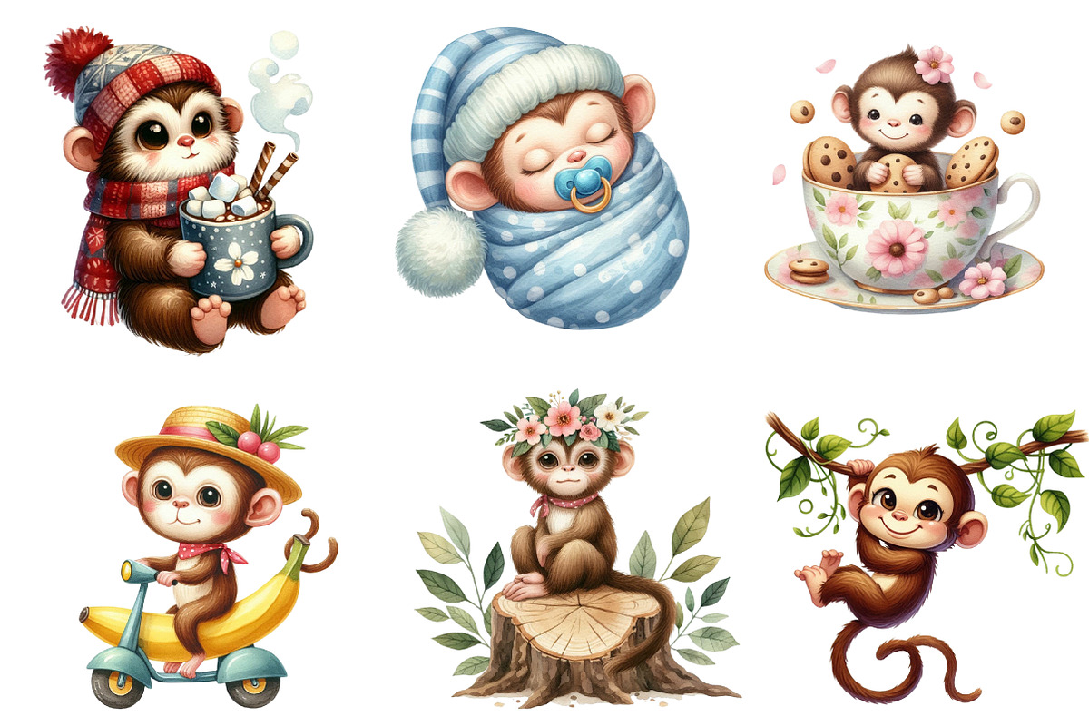Cute Monkey Sublimation Clipart, an Illustration by DreamArtGraphic (Photo 3 of 5)