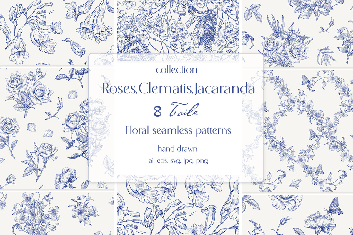 Vintage Seamless Patterns Blue Toile, a Pattern Graphic by ON_lineart_store (Photo 1 of 10)