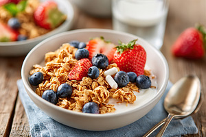 Freshly served white ceramic bowl with granola, blueberries, and strawberries o, a Photo by AlyaAnd