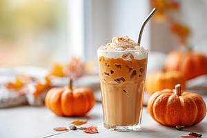 A delicious pumpkin drink with whipped cream and caramel drizzle garnished with, a Food & Drink Photo by AlyaAnd