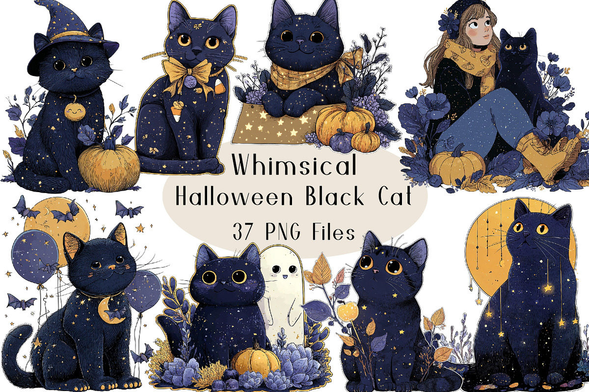 Whimsical Halloween Black Cat PNG, a Seasonal Illustration by Creative Art (Photo 1 of 7)