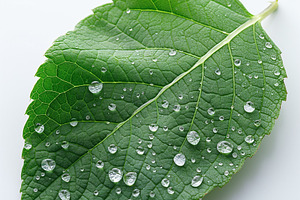 A fresh green leaf adorned with dewdrops, showcasing nature's intricate details, a Background Photo by ImageMir
