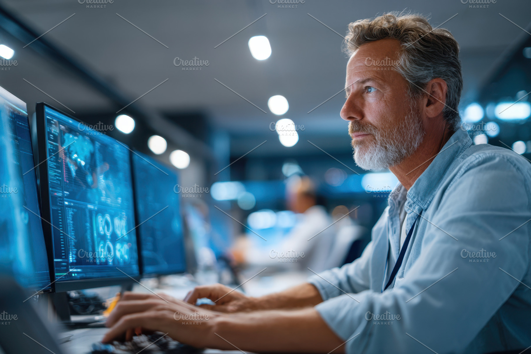 Man analyzing data at multiple computer screens, a Business Photo by AlyaAnd