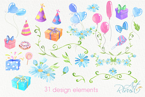 Birthday Elephants PNG Watercolor