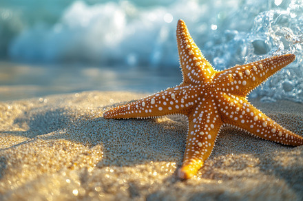 Starfish on the shore with wave. Per, a Background Photo by Pixeness