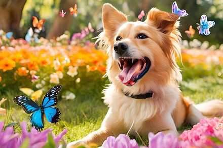 Dog lying in grass with butterflies, an Animal Photo by ComfortQ