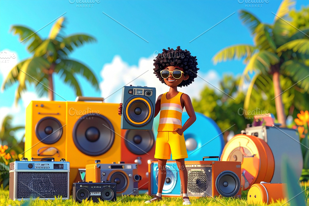 Young man at tropical environment surrounded by lots of audio sp, a Person Illustration by DanFLCreativo