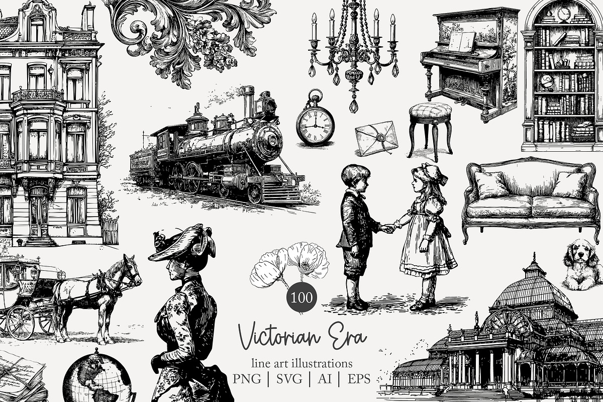 100 line art Victorian Era clip art, an Object Illustration by Poppy Lane Studio (Photo 1 of 13)