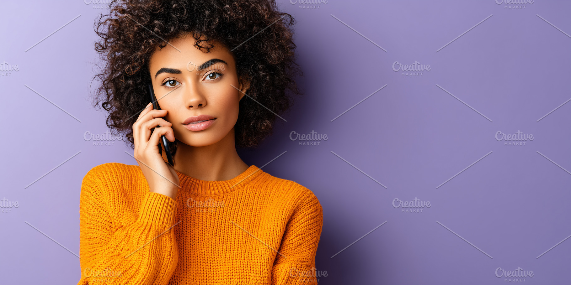 Woman with curly hair talking phone, a Technology Photo by MistyDay