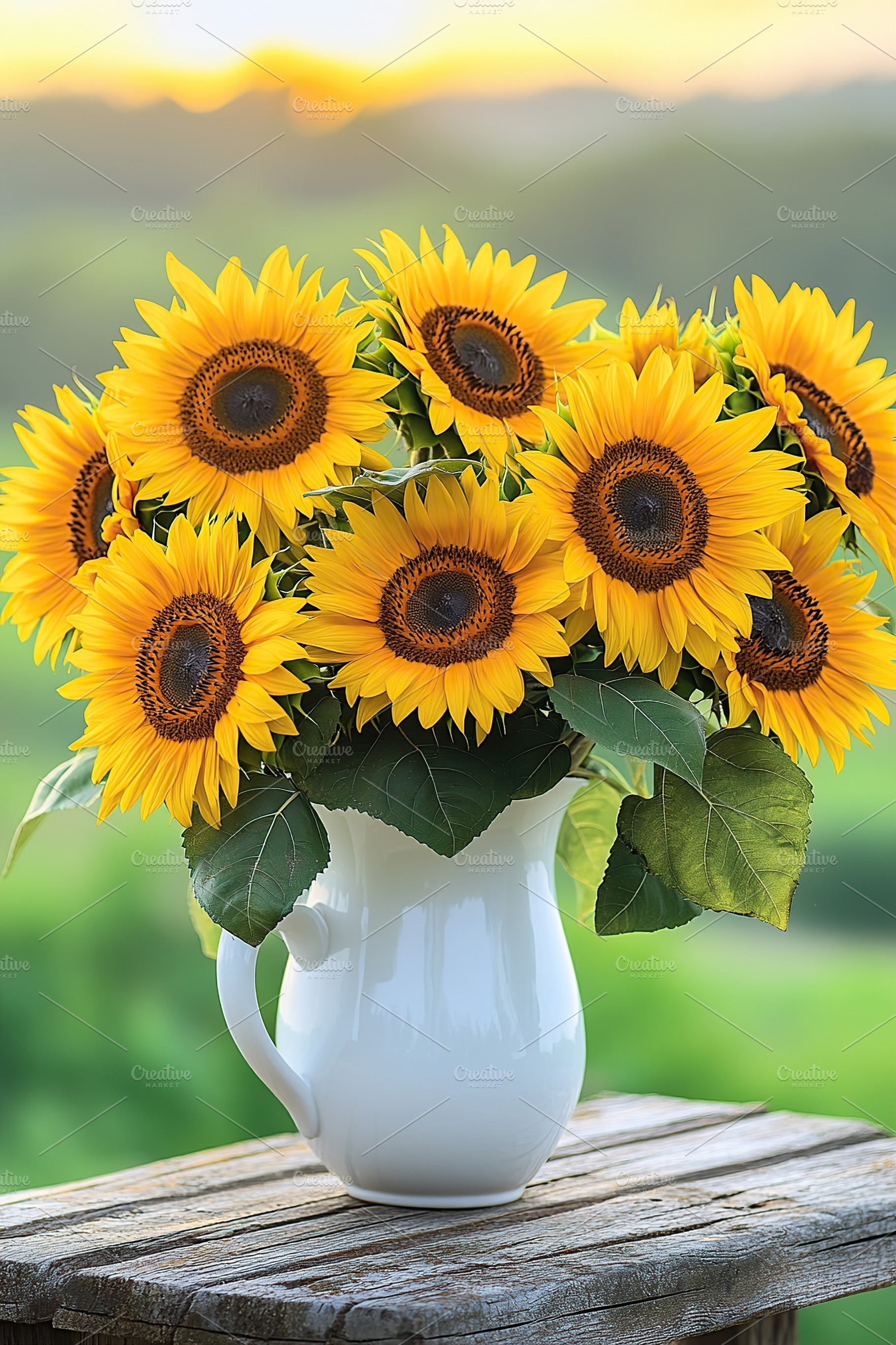 Bright sunflowers arranged in a white ceramic vase on a rustic wooden table at, a Nature Photo by AlyaAnd