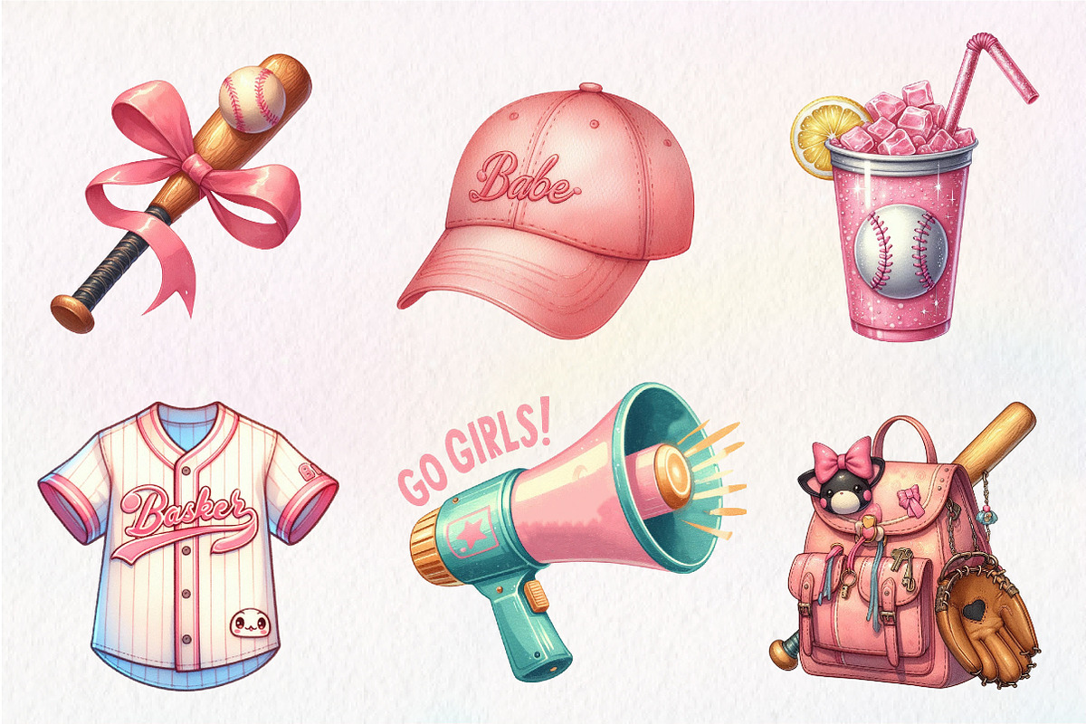 Watercolor Retro Girly Baseball Clip, an Illustration by CreationArt (Photo 2 of 9)