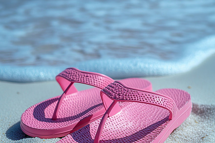 Bright pink flip flop resting on soft white sand beside gentle ocean waves, a Beauty & Fashion Photo by AlyaAnd