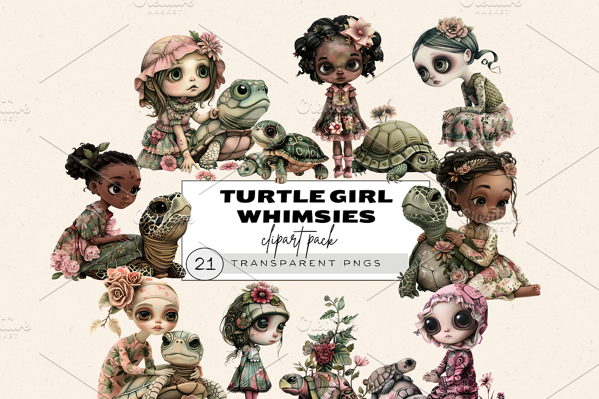 PINK TURTLE GIRL CLIPART PACK, a Person Illustration by Daring Digies (Photo 1 of 10)