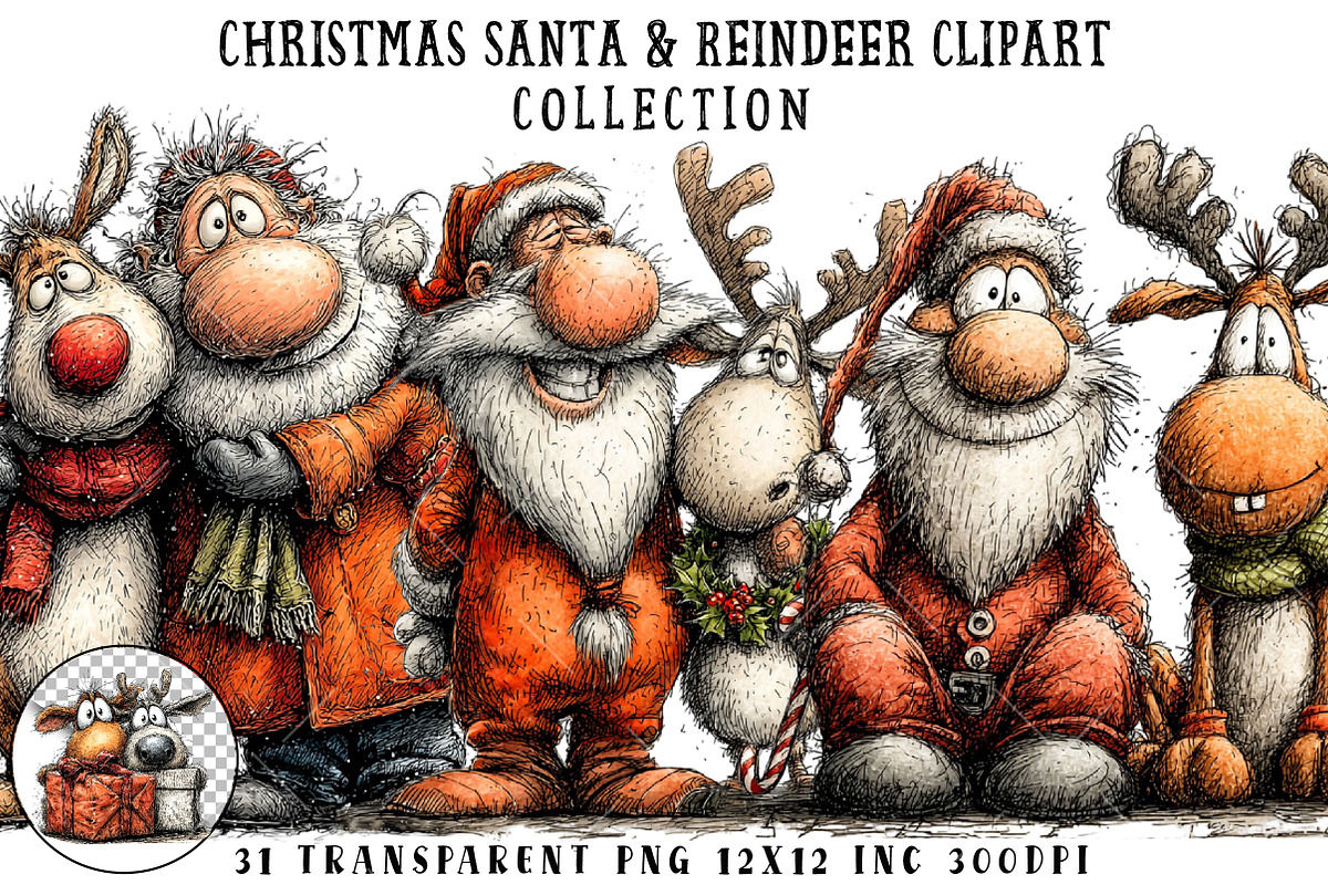 Christmas Santa & Reindeer Clipart, an Illustration by OK Design (Photo 1 of 6)