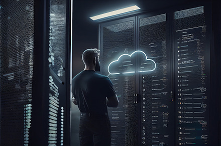Cloud service engineer standing in front of a digital technology data center in, a Technology Photo by Olyryk & Aglo