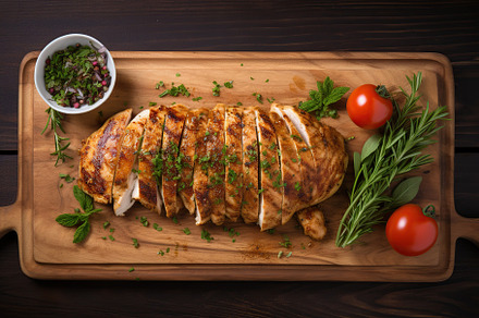 Chicken marinated fillet meat on wooden board, a Food & Drink Photo by AlyaAnd