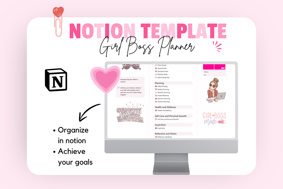 Girl Boss Planner Notion Template, a Templates & Theme by bellaROSEworkshop (Photo 2 of 10)