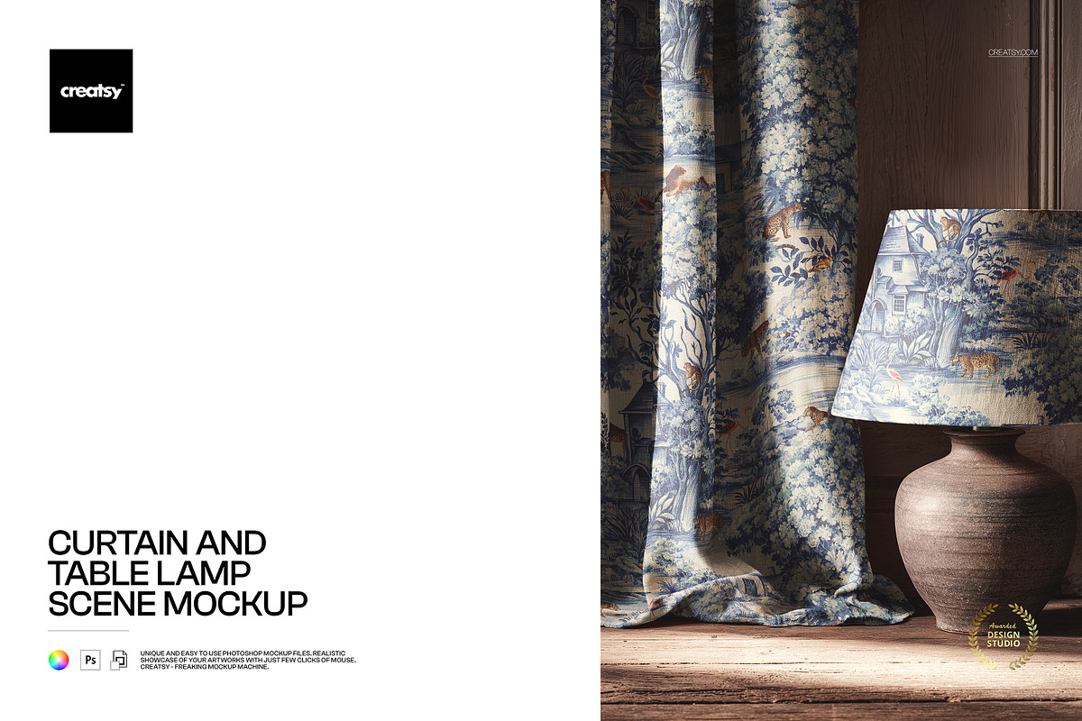 Curtain and Table Lamp Scene Mockup, a Household Mockup by creatsy5 (Photo 1 of 6)