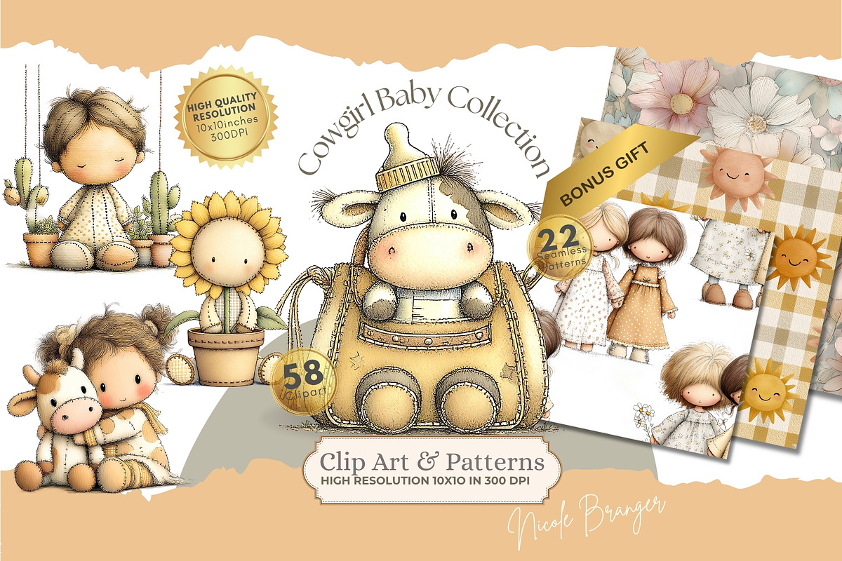 Cowgirl Baby Shower Clipart Set, a Decorative Illustration by Nicole Branger Art (Photo 1 of 23)
