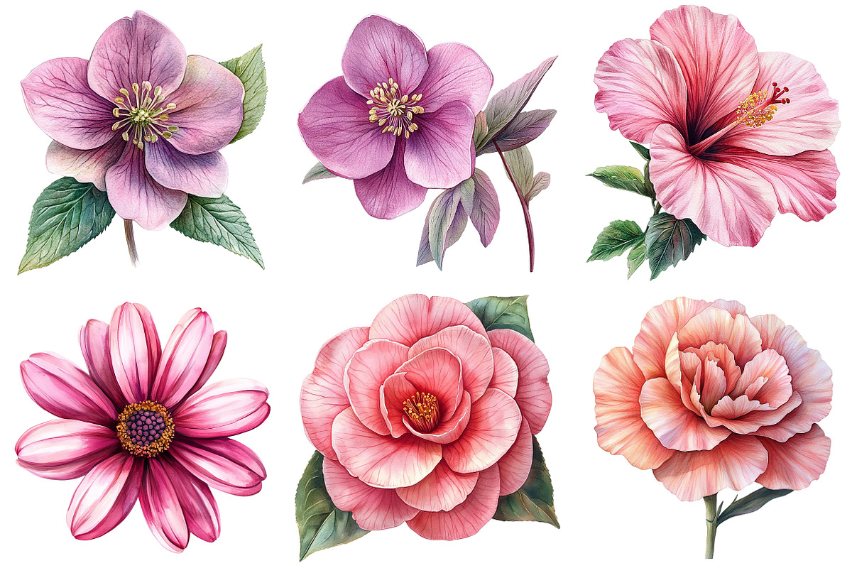 Watercolor Pink Flowers Clipart, an Illustration by Craft Nest (Photo 4 of 7)