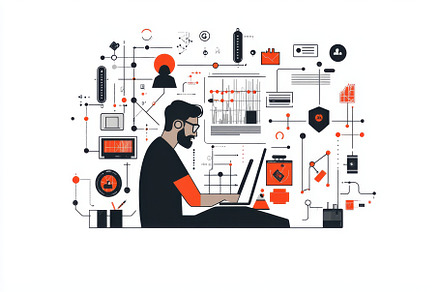 Man working on laptop amidst data ne, a Background Photo by Pixeness