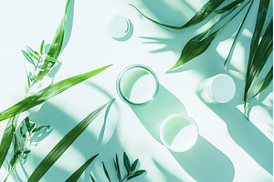 Glass skincare jars with tropical, a Health & Medical Photo by Rodica Ciorba
