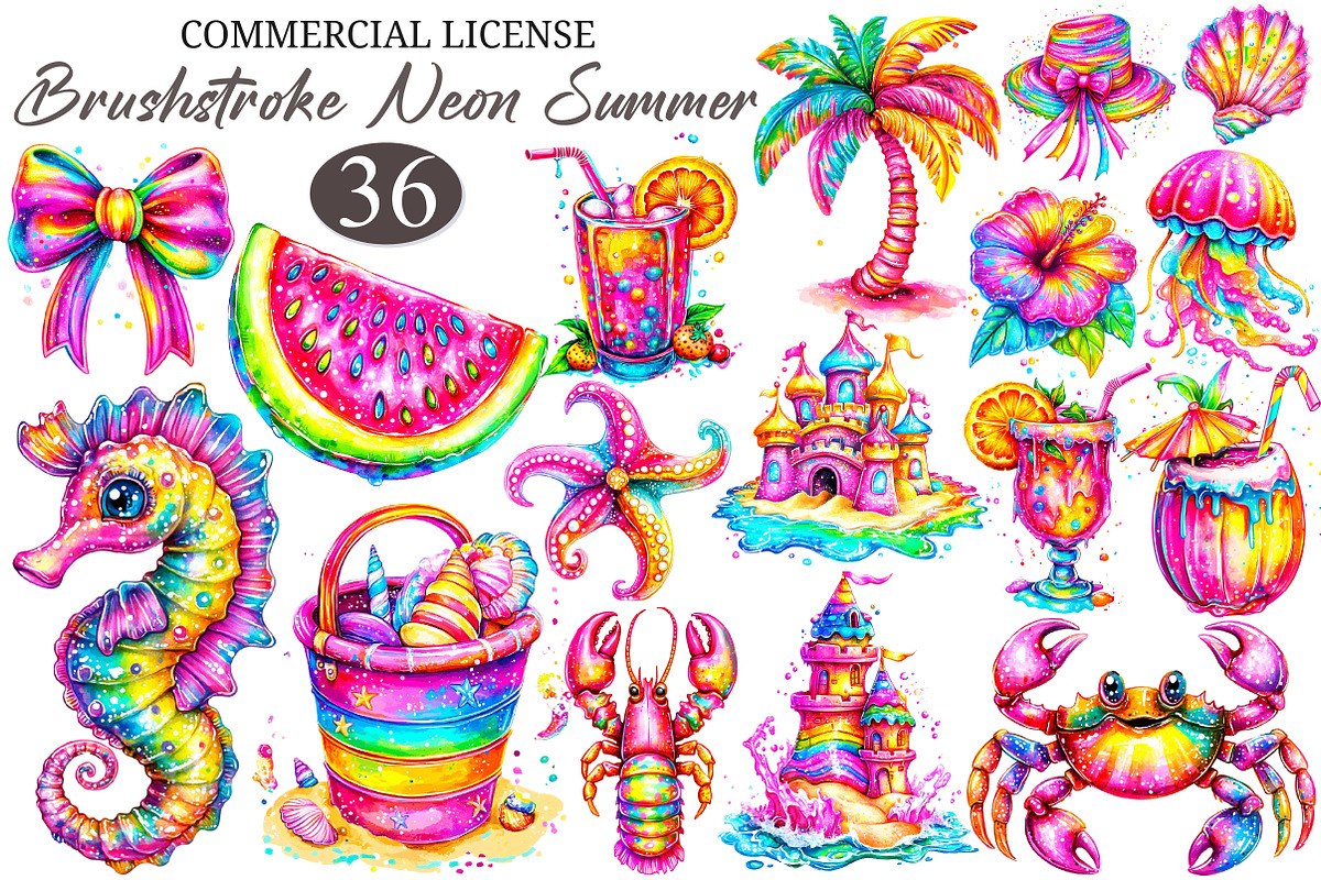 Brushstroke Neon Summer Clipart, an Illustration by designcity5 (Photo 1 of 5)