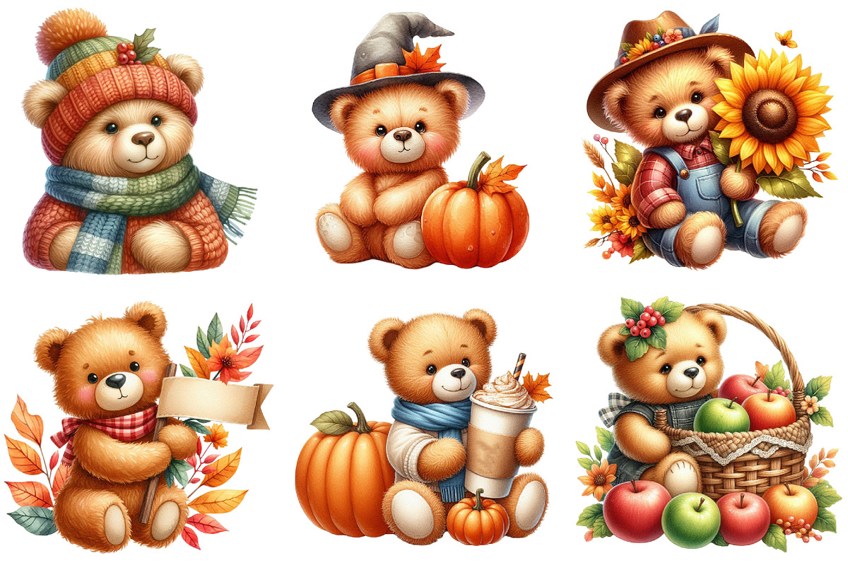 Watercolor Autumn Teddy Bear Clipart, an Illustration by Watercolor design (Photo 2 of 4)
