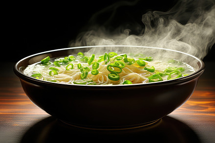 bowl of steaming hot soup, adorned w, a Photo by SaroStock