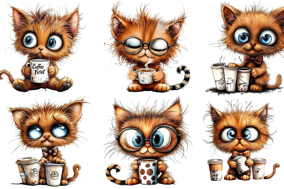 Cute Kitten Drinking Coffee Clipart, an Illustration by DreamArtGraphic (Photo 4 of 5)