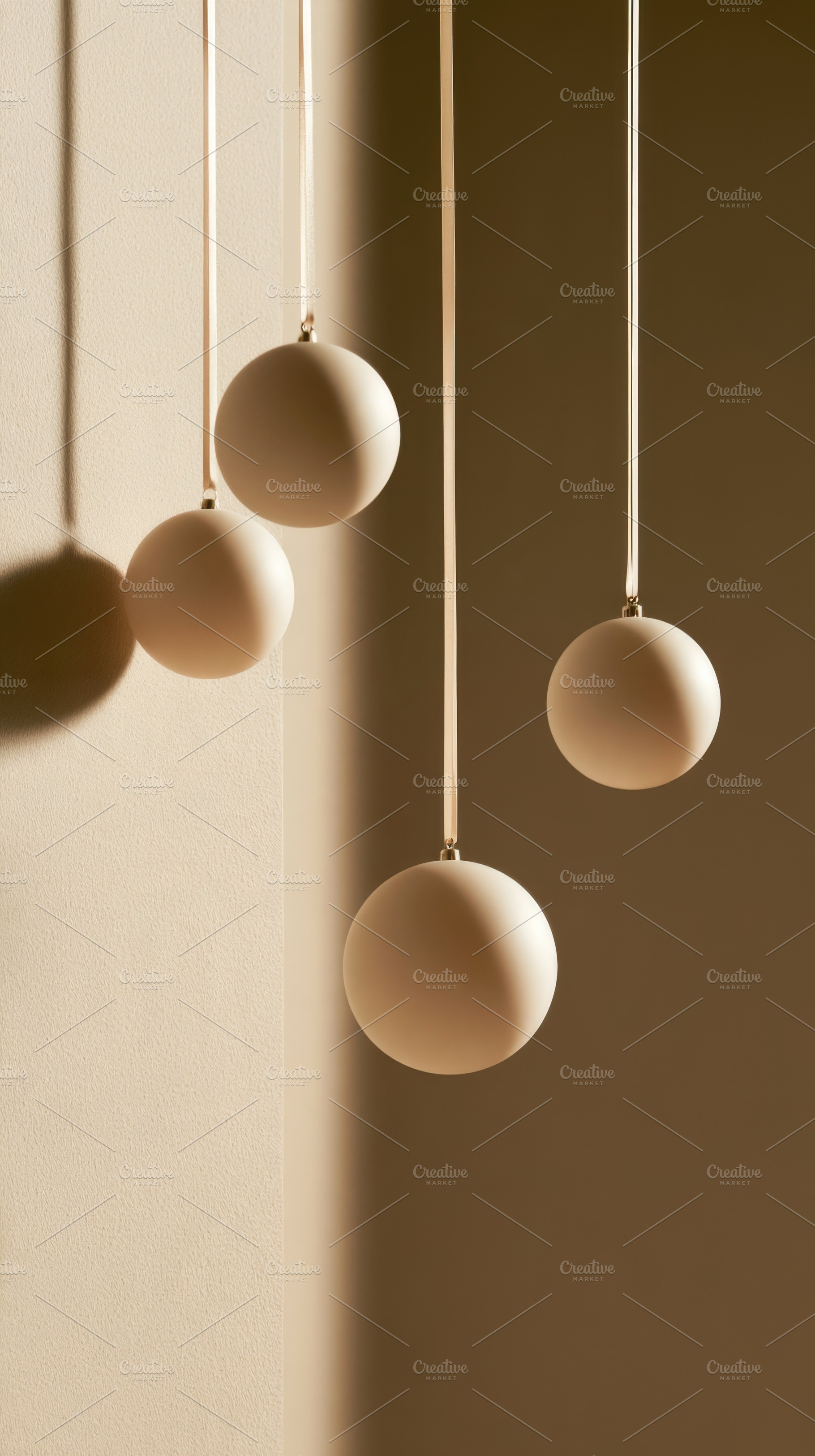 Minimalist beige Christmas baubles hanging on ribbons with drama, a Food & Drink Photo by José Manuel Gelpi