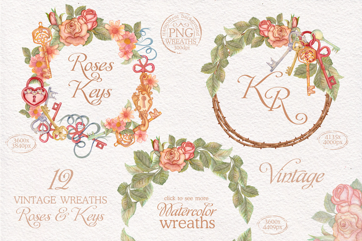 Watercolor wreaths set. Roses & keys, an Illustration by antuanetto (Photo 3 of 6)