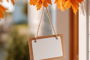 Beautiful autumn leaves frame a blank sign hanging near a cozy outdoor space, a Photo by AlyaAnd