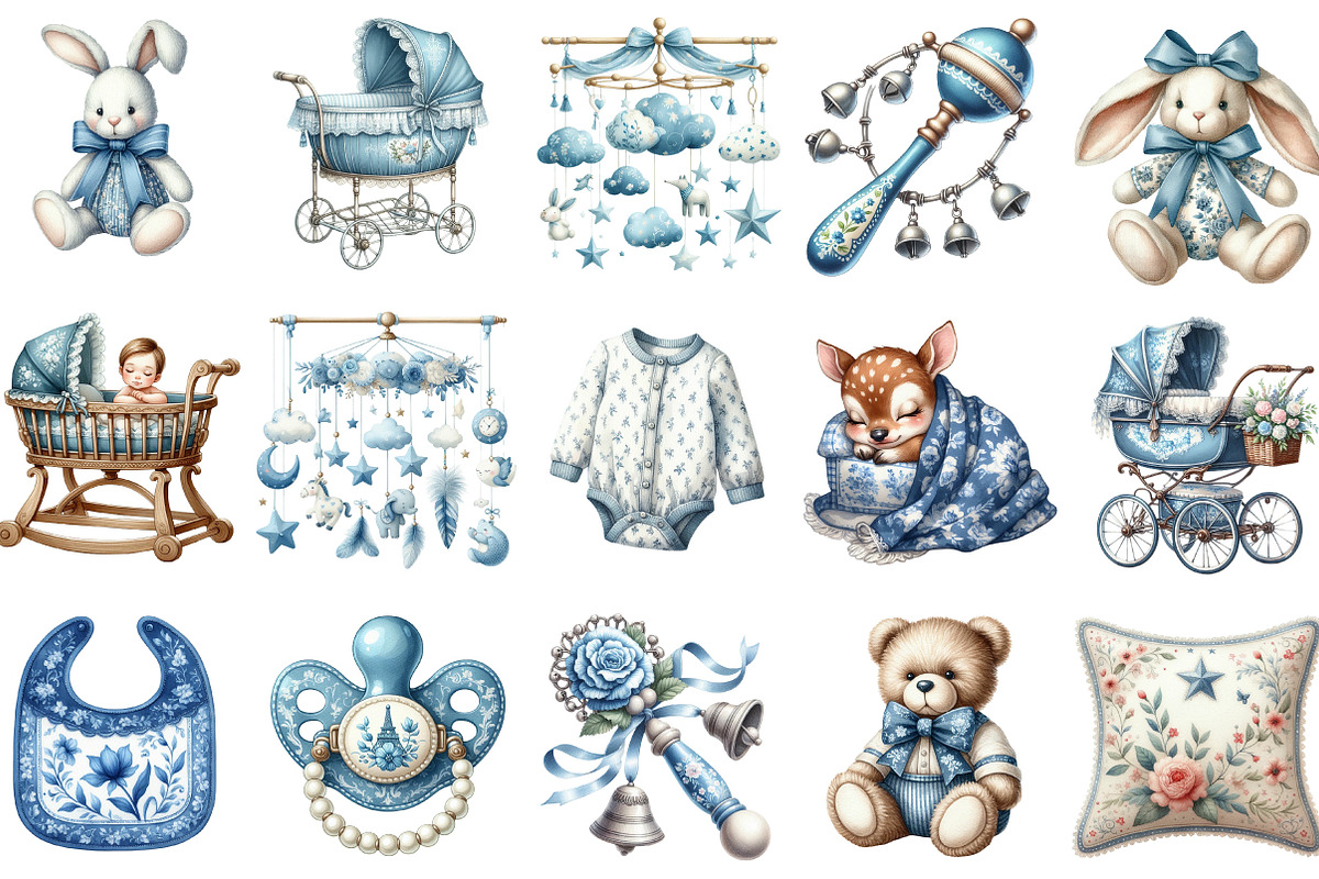 Watercolor Blue Toile Baby Clipart, an Illustration by Designking (Photo 3 of 5)